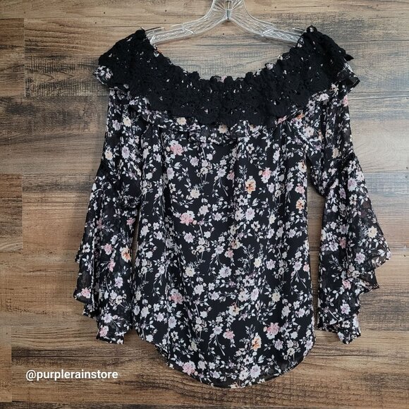 WHBM Floral Chiffon Ruffle Crochet Lace Top 1X Sheer Flutter Sleeve Ethereal - Picture 5 of 14